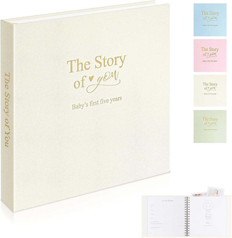 1DOT2 Timeless First 5 Years Keepsake Baby Memory Book for Boy or Girl, Luxury Linen Cover Acid Free Pages, Neutral Baby Journal Milestone Book or Scrapbook, Record the Story of You from Birth to Age 5 - Image 1